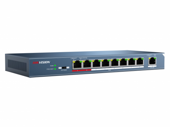 Фотография товара 'Hikvision 8 RJ45 100M PoE с грозозащитой 6кВ; 1 Uplink порт 100М Ethernet DS-3E0109P-E/M(B)'